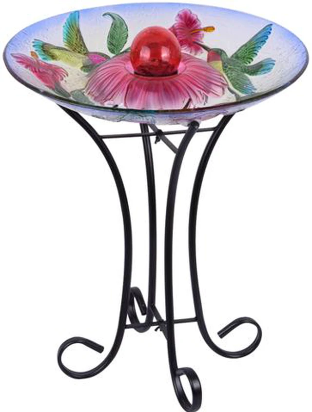 Main image of Hi-Line Gift Solar Orb Floral Glass Hummingbird Bird Bath with Stand