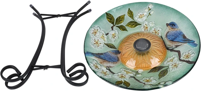 Alt view image 2 of 4 - Hi-Line Gift LED Solar Floral Glass Bird Bath with Stand - Blue Bird & Peach Blossom