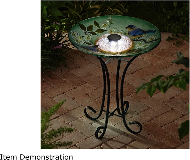 Alt view image 4 of 4 - Hi-Line Gift LED Solar Floral Glass Bird Bath with Stand - Blue Bird & Peach Blossom