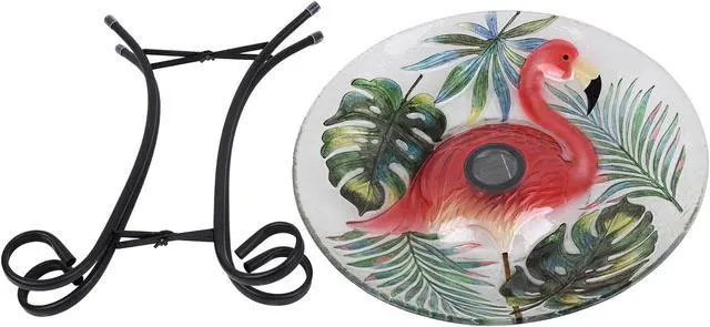 Alt view image 2 of 6 - Hi-Line Gift LED Solar Verdant Glass Bird Bath with Stand - Flamingo