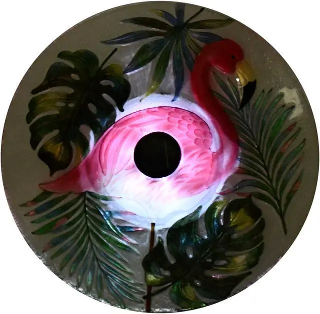 Alt view image 3 of 6 - Hi-Line Gift LED Solar Verdant Glass Bird Bath with Stand - Flamingo