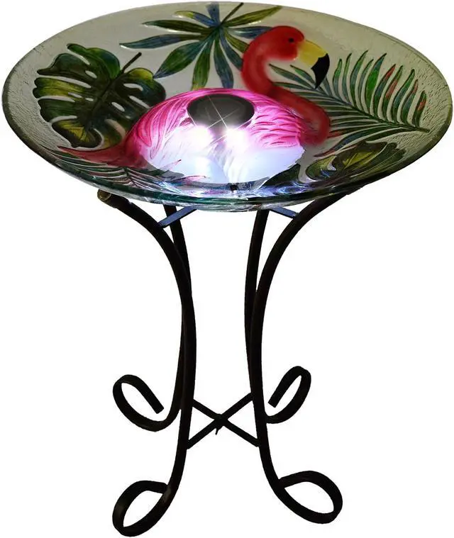Main image of Hi-Line Gift LED Solar Verdant Glass Bird Bath with Stand - Flamingo