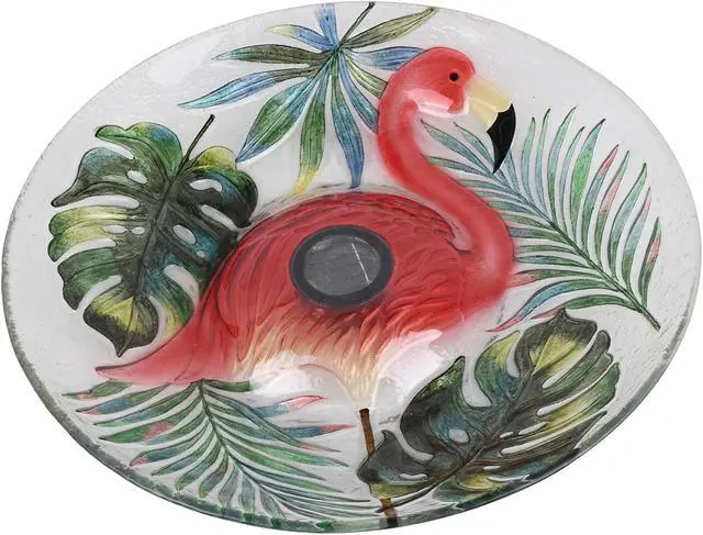 Alt view image 4 of 6 - Hi-Line Gift LED Solar Verdant Glass Bird Bath with Stand - Flamingo