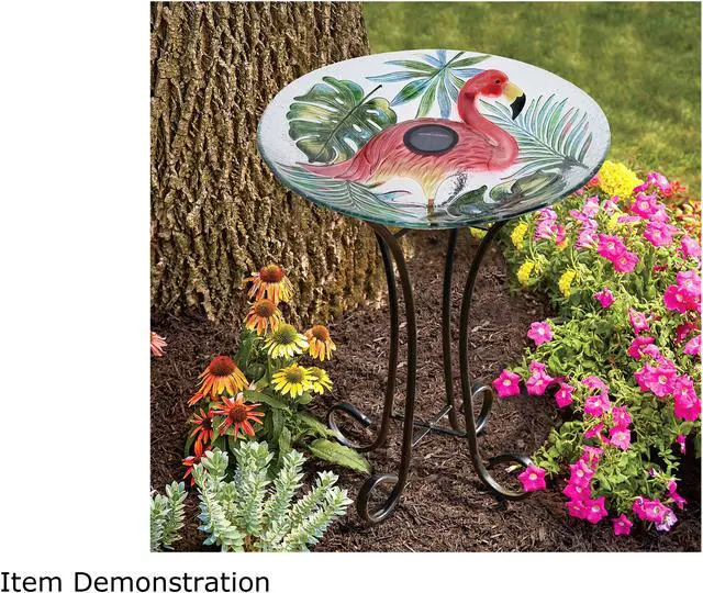 Alt view image 6 of 6 - Hi-Line Gift LED Solar Verdant Glass Bird Bath with Stand - Flamingo