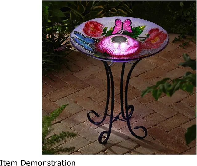 Alt view image 6 of 6 - Hi-Line Gift LED Solar Floral Glass Bird Bath with Stand - Butterflies & Peonies