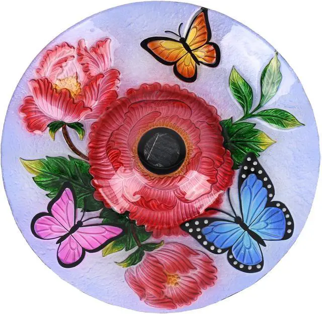 Alt view image 3 of 6 - Hi-Line Gift LED Solar Floral Glass Bird Bath with Stand - Butterflies & Peonies