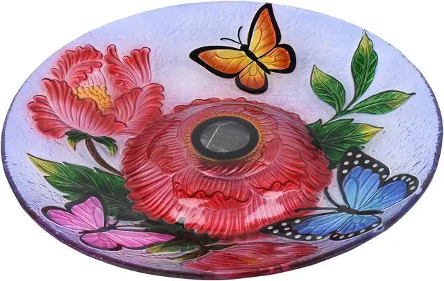 Alt view image 4 of 6 - Hi-Line Gift LED Solar Floral Glass Bird Bath with Stand - Butterflies & Peonies