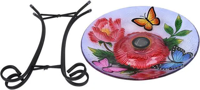 Alt view image 2 of 6 - Hi-Line Gift LED Solar Floral Glass Bird Bath with Stand - Butterflies & Peonies