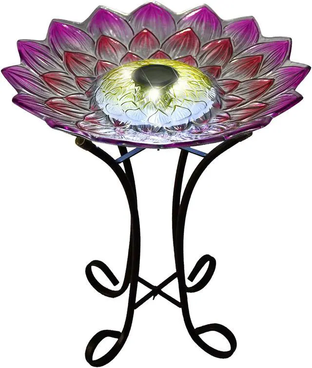 Main image of Hi-Line Gift LED Solar Floral Glass Bird Bath with Stand - Pink Dahlia