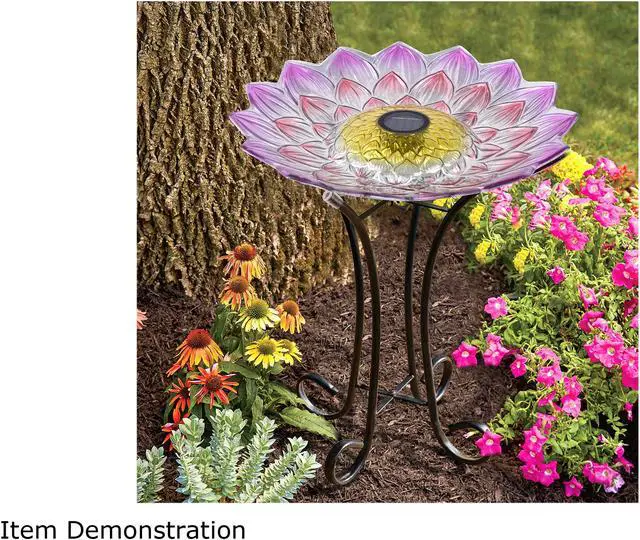 Alt view image 5 of 5 - Hi-Line Gift LED Solar Floral Glass Bird Bath with Stand - Pink Dahlia