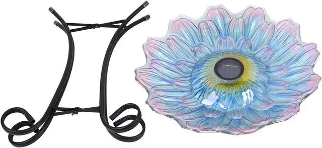 Alt view image 2 of 7 - Hi-Line Gift LED Solar Floral Glass Bird Bath with Stand - Purple & Purple Dahlia