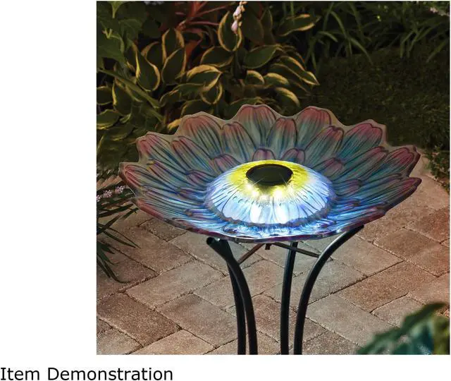 Alt view image 7 of 7 - Hi-Line Gift LED Solar Floral Glass Bird Bath with Stand - Purple & Purple Dahlia