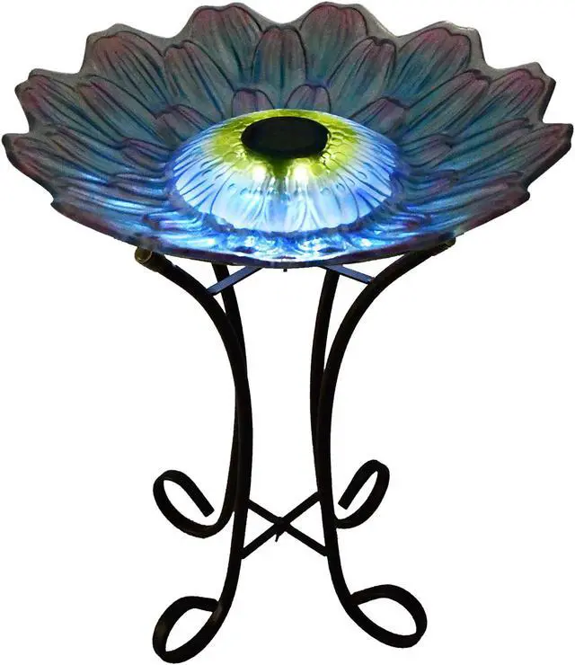 Main image of Hi-Line Gift LED Solar Floral Glass Bird Bath with Stand - Purple & Purple Dahlia