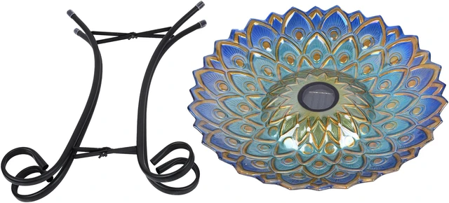 Alt view image 2 of 6 - Hi-Line Gift LED Solar Peacock Blue Geometric Glass Bird Bath with Stand