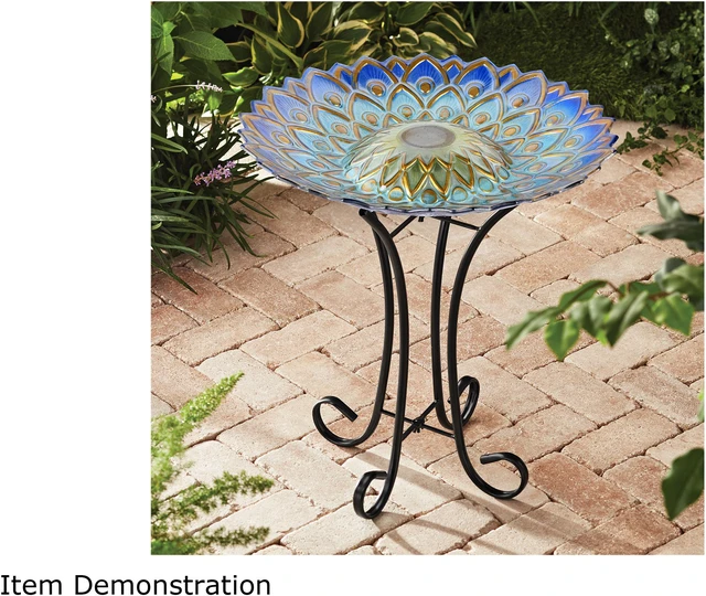 Alt view image 6 of 6 - Hi-Line Gift LED Solar Peacock Blue Geometric Glass Bird Bath with Stand