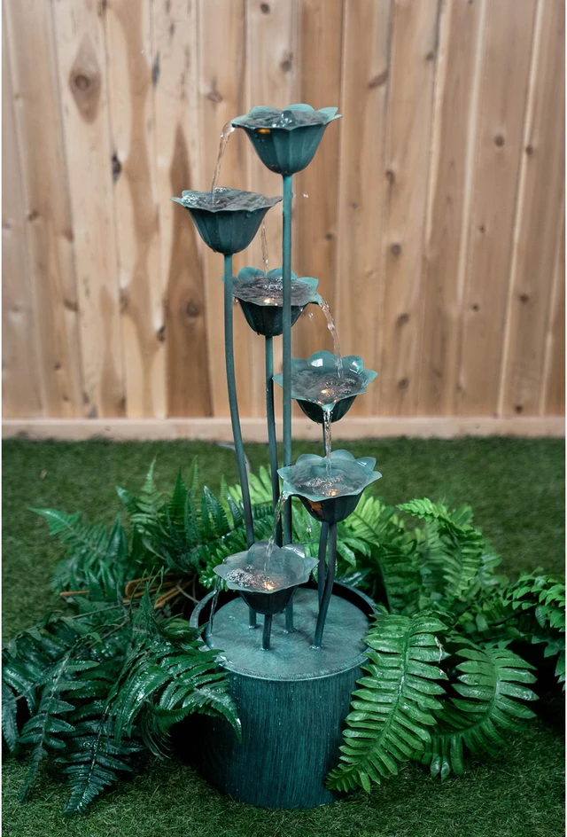 Alt view image 4 of 4 - Hi-Line Gift LED Metal Lily Flower Pouring Into Bucket Fountain