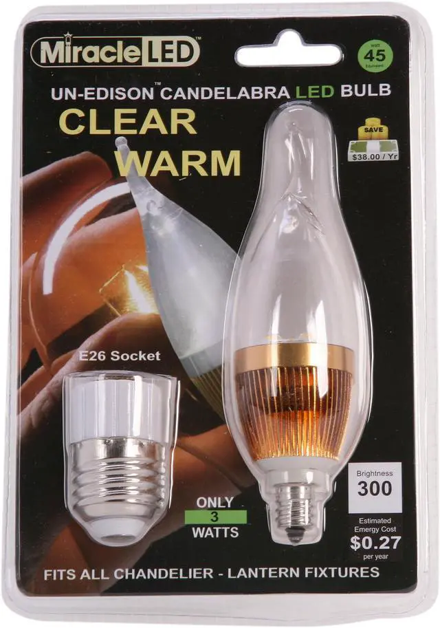 Alt view image 5 of 5 - MiracleLED 604510 45 Watt Equivalent Candelabra Clear Warm White LED Light Bulb