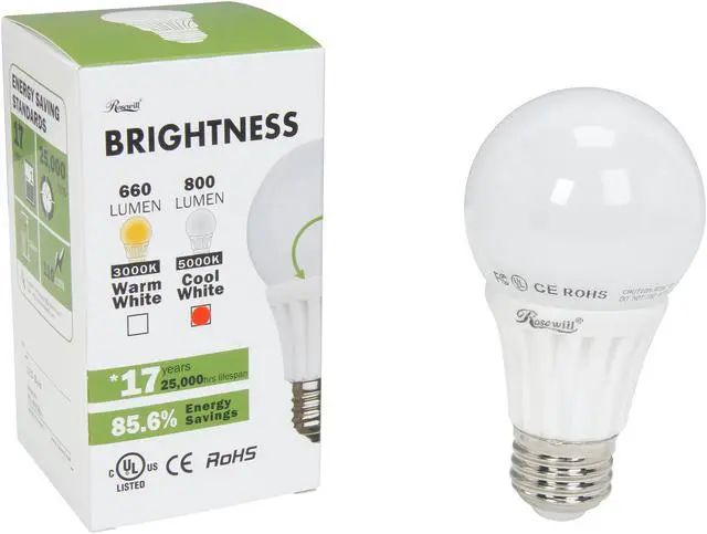 Alt view image 5 of 5 - ROSEWILL RL-W95001, A19 Non-Dimmable LED Light Bulb, E26 Base, 8.2 W, 60 W Replace, 800 Lumens UL CE RoHS, 5000 K, Cool White, Wide Beam Angle 230 Degres