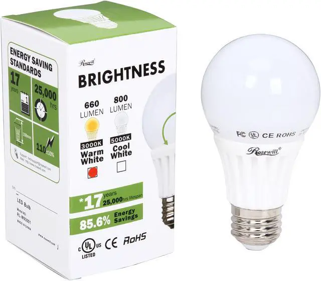 Alt view image 4 of 4 - ROSEWILL RL-W93001, A19 Non-Dimmable LED Light Bulb, E26 Base, 8.2W, 55W Replace, 660 Lumens, UL CE RoHS, 3000K Warm White, Wide Beam Angle 230 Degree