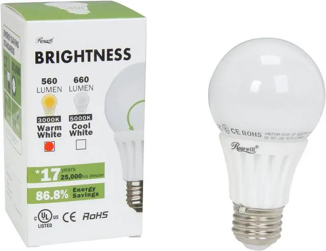 Alt view image 5 of 5 - ROSEWILL RL-W73001, A19 Non-Dimmable LED Light Bulb, E26 Base, 6.5 W, 50 W Replace, 560 Lumens, UL CE RoHS, 3000K, Warm White, Wide Beam Angle 230 Degree