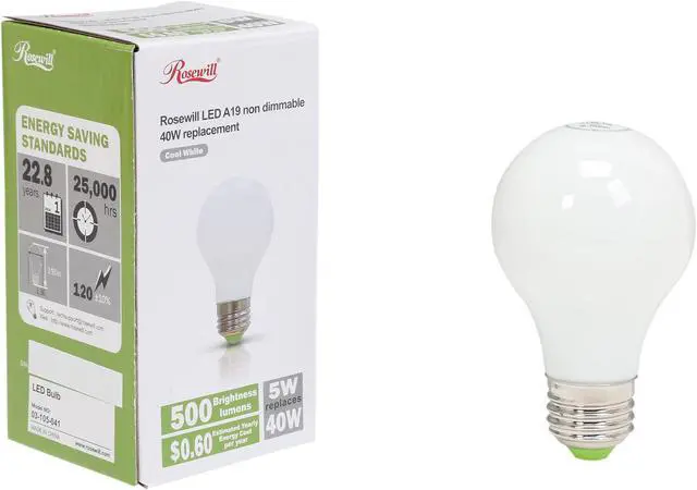 Alt view image 5 of 5 - ROSEWILL RL-O56001, A19 Non-Dimmable LED Light Bulb, E26 Base, 5 W, 40 W Replace, 500 Lumen, UL FCC, 5000 K, Cool White, Omni-Directional