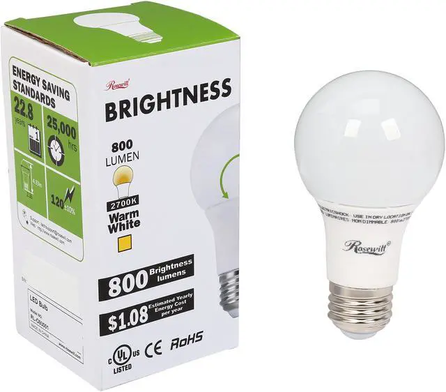 Alt view image 4 of 4 - Rosewill RL-O93001 - A19 Non-Dimmable LED Light Bulb - E26 Base, 9 Watts (Replaces 60W Bulb), 800 Lumen, UL / CE / RoHS, 2700K, Warm White, Omni-Directional