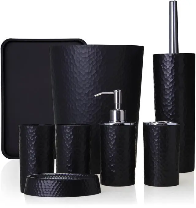 Main image of Rosewill Bathroom Accessories 8-Piece Set – Trash Can, Toilet Brush with Holder, Lotion Dispenser, Toothbrush Holder, 2 Toothbrush Cups, Soap Dish & Tray - Black