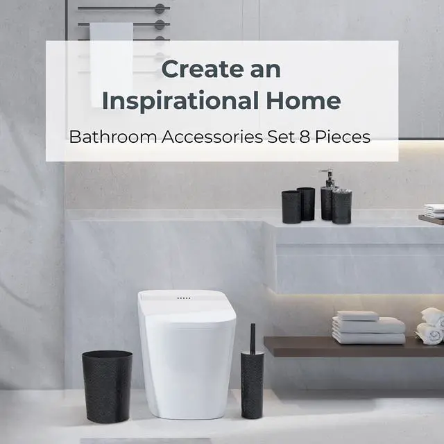 Alt view image 2 of 7 - Rosewill Bathroom Accessories 8-Piece Set – Trash Can, Toilet Brush with Holder, Lotion Dispenser, Toothbrush Holder, 2 Toothbrush Cups, Soap Dish & Tray - Black