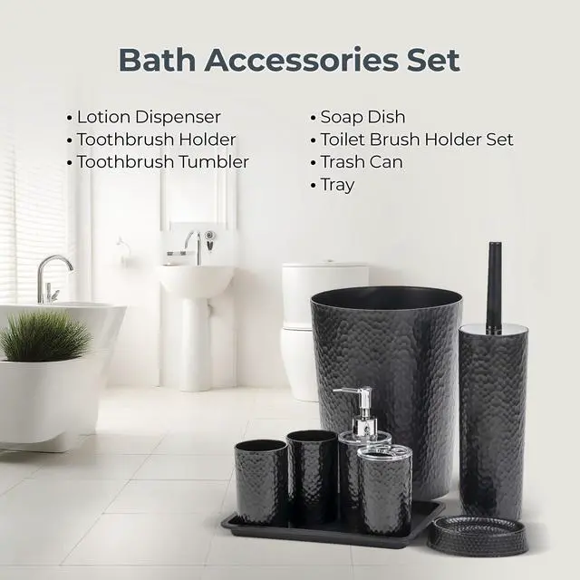 Alt view image 6 of 7 - Rosewill Bathroom Accessories 8-Piece Set – Trash Can, Toilet Brush with Holder, Lotion Dispenser, Toothbrush Holder, 2 Toothbrush Cups, Soap Dish & Tray - Black