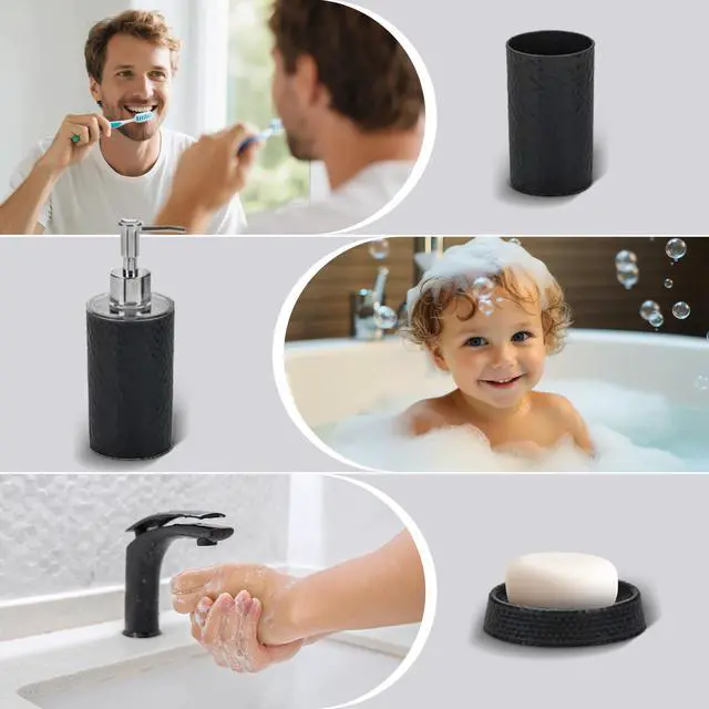 Alt view image 7 of 7 - Rosewill Bathroom Accessories 8-Piece Set – Trash Can, Toilet Brush with Holder, Lotion Dispenser, Toothbrush Holder, 2 Toothbrush Cups, Soap Dish & Tray - Black