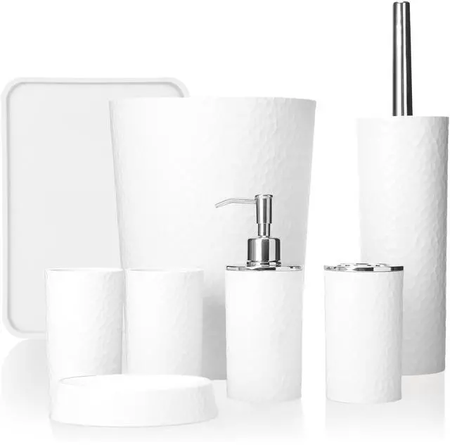 Main image of Rosewill Bathroom Accessories 8-Piece Set – Trash Can, Toilet Brush with Holder, Lotion Dispenser, Toothbrush Holder, 2 Toothbrush Cups, Soap Dish & Tray - White