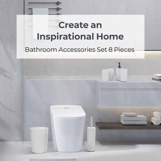 Alt view image 2 of 7 - Rosewill Bathroom Accessories 8-Piece Set – Trash Can, Toilet Brush with Holder, Lotion Dispenser, Toothbrush Holder, 2 Toothbrush Cups, Soap Dish & Tray - White