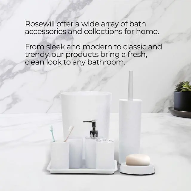 Alt view image 3 of 7 - Rosewill Bathroom Accessories 8-Piece Set – Trash Can, Toilet Brush with Holder, Lotion Dispenser, Toothbrush Holder, 2 Toothbrush Cups, Soap Dish & Tray - White