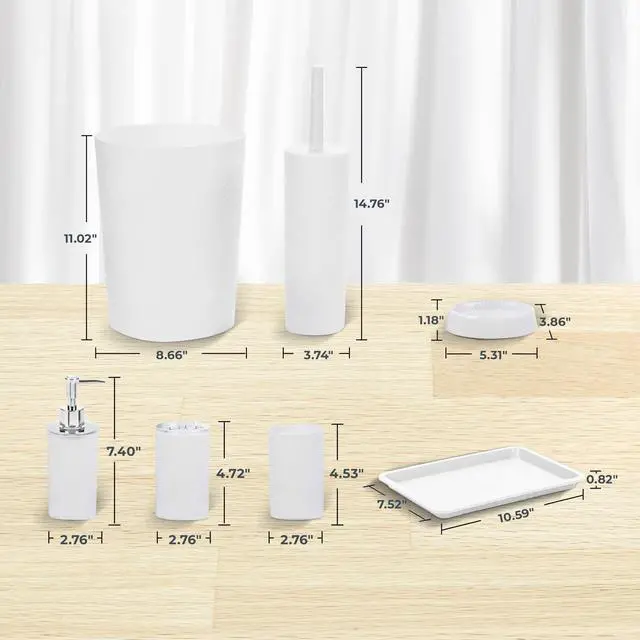 Alt view image 5 of 7 - Rosewill Bathroom Accessories 8-Piece Set – Trash Can, Toilet Brush with Holder, Lotion Dispenser, Toothbrush Holder, 2 Toothbrush Cups, Soap Dish & Tray - White