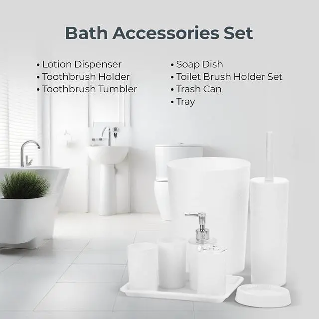 Alt view image 6 of 7 - Rosewill Bathroom Accessories 8-Piece Set – Trash Can, Toilet Brush with Holder, Lotion Dispenser, Toothbrush Holder, 2 Toothbrush Cups, Soap Dish & Tray - White