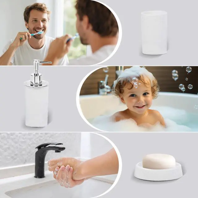 Alt view image 7 of 7 - Rosewill Bathroom Accessories 8-Piece Set – Trash Can, Toilet Brush with Holder, Lotion Dispenser, Toothbrush Holder, 2 Toothbrush Cups, Soap Dish & Tray - White