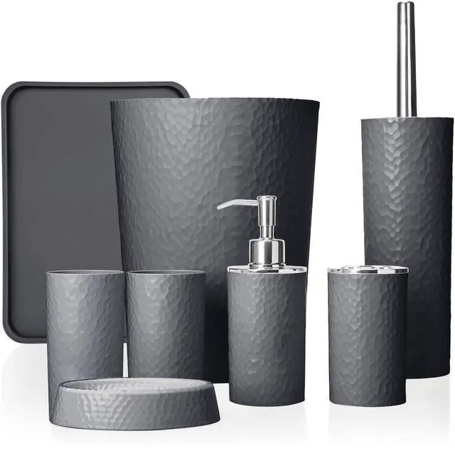 Main image of Rosewill Bathroom Accessories 8-Piece Set – Trash Can, Toilet Brush with Holder, Lotion Dispenser, Toothbrush Holder, 2 Toothbrush Cups, Soap Dish & Tray - Gray