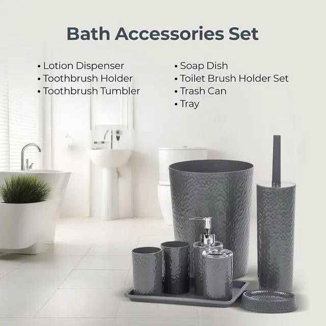 Alt view image 6 of 7 - Rosewill Bathroom Accessories 8-Piece Set – Trash Can, Toilet Brush with Holder, Lotion Dispenser, Toothbrush Holder, 2 Toothbrush Cups, Soap Dish & Tray - Gray