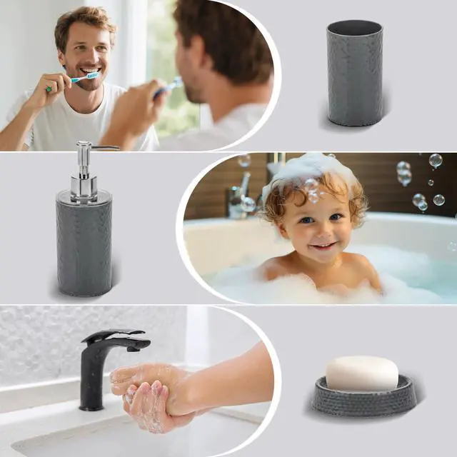 Alt view image 7 of 7 - Rosewill Bathroom Accessories 8-Piece Set – Trash Can, Toilet Brush with Holder, Lotion Dispenser, Toothbrush Holder, 2 Toothbrush Cups, Soap Dish & Tray - Gray