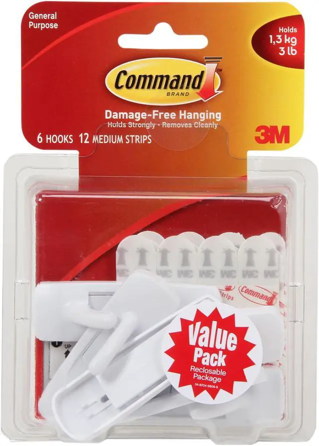 Alt view image 5 of 5 - Dymo Medium Utility Hooks Value Pack, White, 6 hooks, 12 strips - OEM