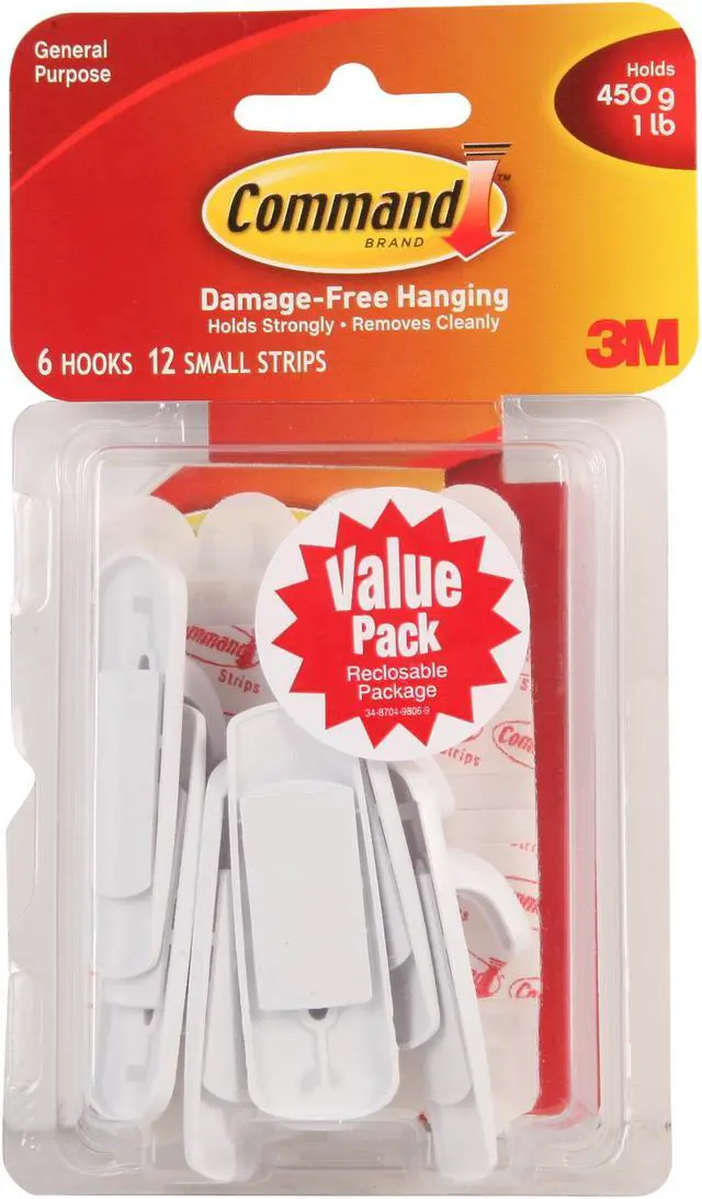 Alt view image 2 of 2 - 3M Command 17002-VP-6PK Small Utility Hook Value Pack, White, 6 Hooks, 12 Strips