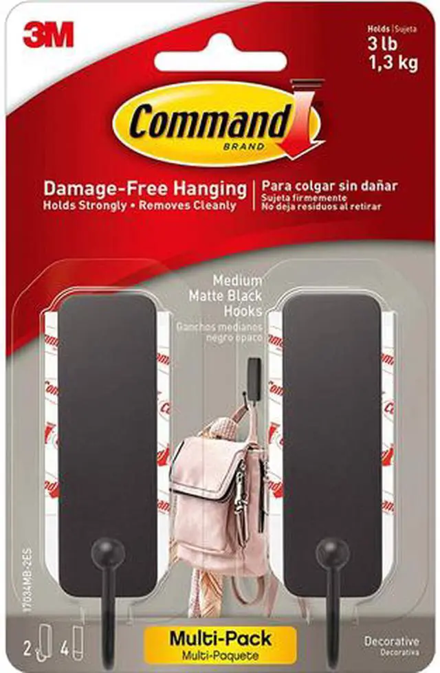 Main image of 3M Command 17034MB-2ES Decorative Hooks, Medium, Matte Black, 2 Hook and 4 Strips/Pack