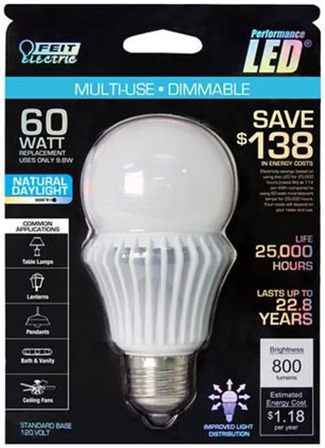 Alt view image 2 of 2 - Feit Electric BPAG800DM/5K/LED 60 W Equivalent 9.8 Watt (60W Equivalent) A19 Bulb Multi Purpose Fully Dimmable LED Light Bulb