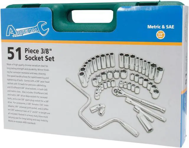 Alt view image 4 of 4 - ARSENAL 51-Piece Professional 3/8" Wide-Range Socket Set with Rapid Speed Handle, Chrome Vanadium Steel, Mirror Finishing, ANSI Standards, Life Time Warranty, Made in Taiwan