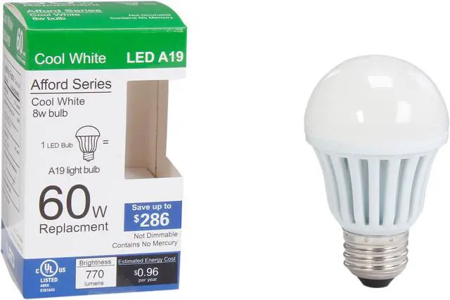 Alt view image 4 of 4 - HitLights 6W A19/ E26, LED Light Bulbs, 60W Replacement, 770 Lumens, Non-Dimmable, UL, 6000K / Cool White