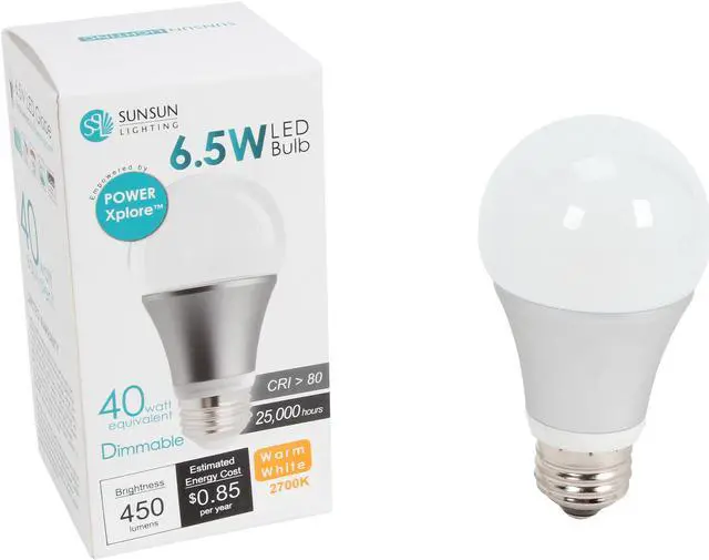 Alt view image 5 of 5 - SunSun Lighting A19 LED Light Bulb / E26 Base / 6.5W / 40W Replace / 450 Lumen / Dimmable / UL / 2700K / Warm White