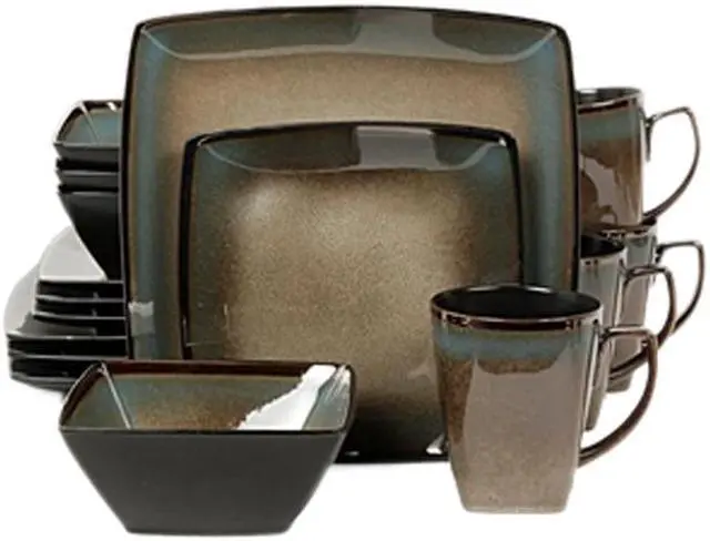 Main image of Gibson Elite Tequesta 16 Piece Square Dinnerware Set, Taupe