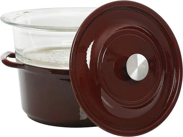 Main image of Gibson Kenmore Oak Park 3 Quart Enameled Cast Iron Casserole with Lid and Glass Steamer Insert, Red