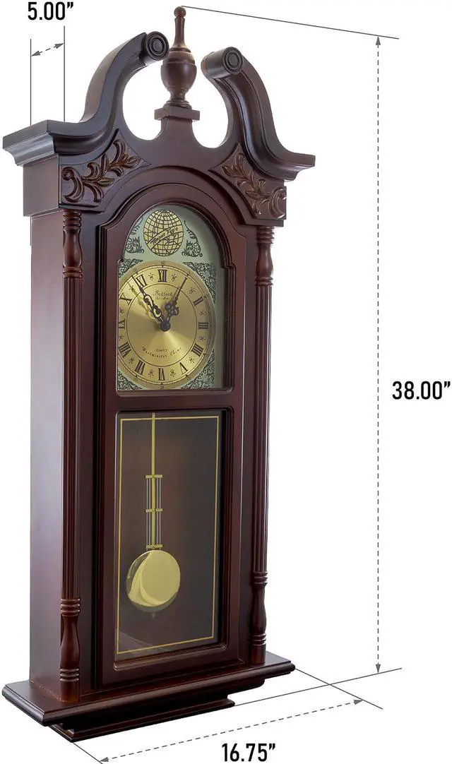 Alt view image 5 of 7 - Bedford Clock Collection 38 Inch Chiming Pendulum Wall Clock in Cherry Oak Finish