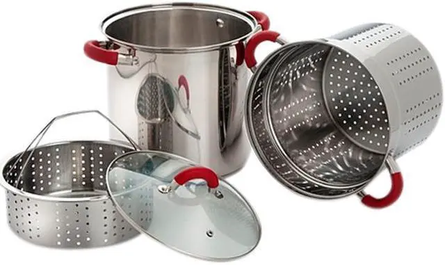 Main image of Cook Pro 525 8 Quart Multifunction Stainless Steel Pasta Cooker with Encapsulated Base, Vented Glass Lid and Red  Riveted Silicone Covered Handles